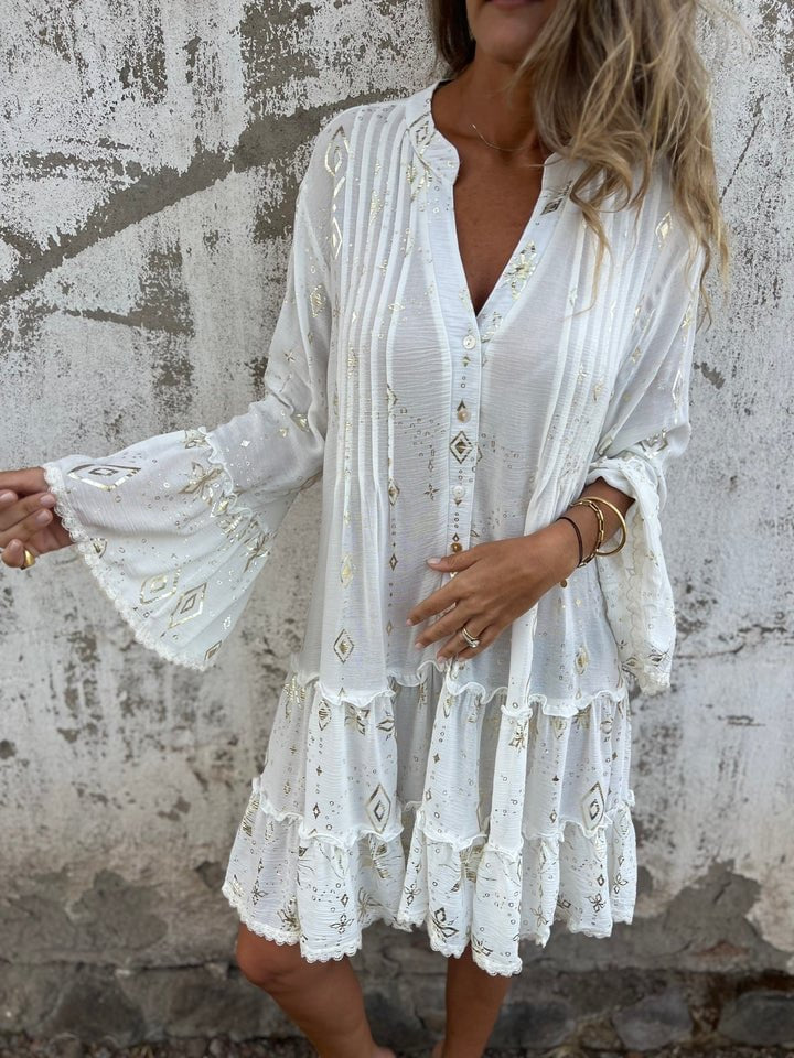 Roos | Dames Boho Gelaagde Jurk Wijde Mouwen Gouden Details