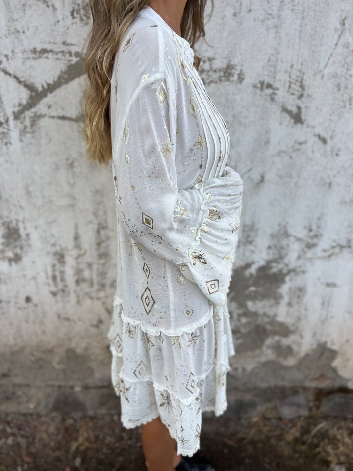 Roos | Dames Boho Gelaagde Jurk Wijde Mouwen Gouden Details