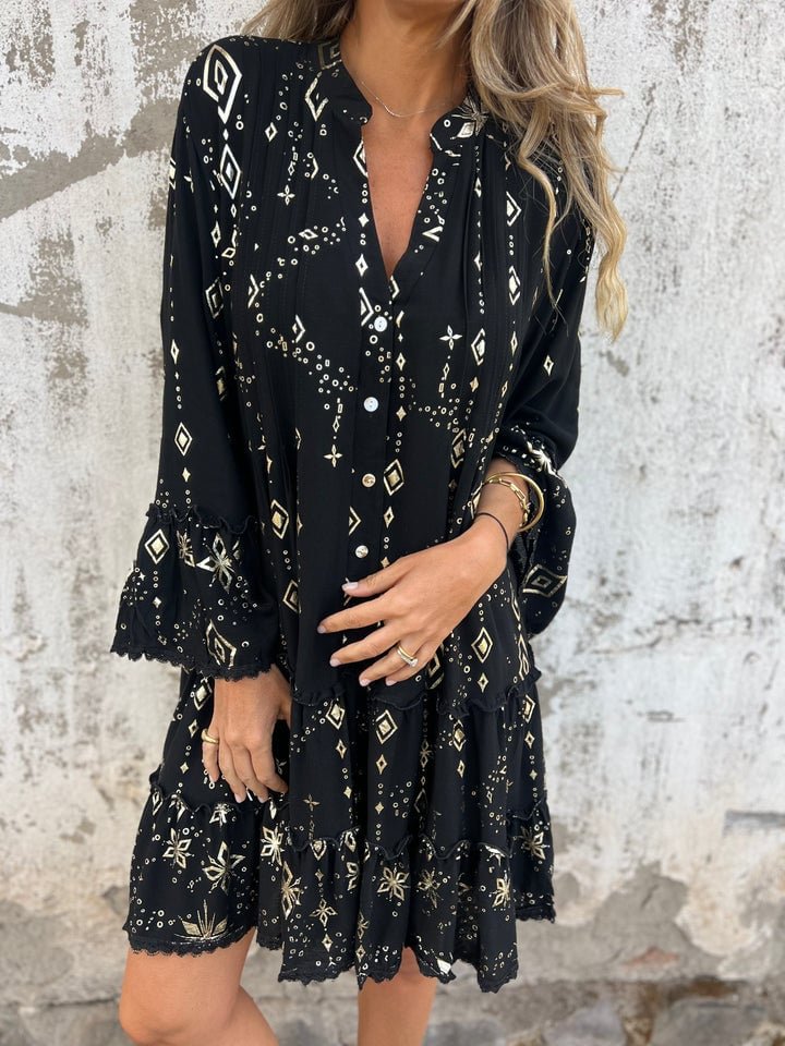 Roos | Dames Boho Gelaagde Jurk Wijde Mouwen Gouden Details