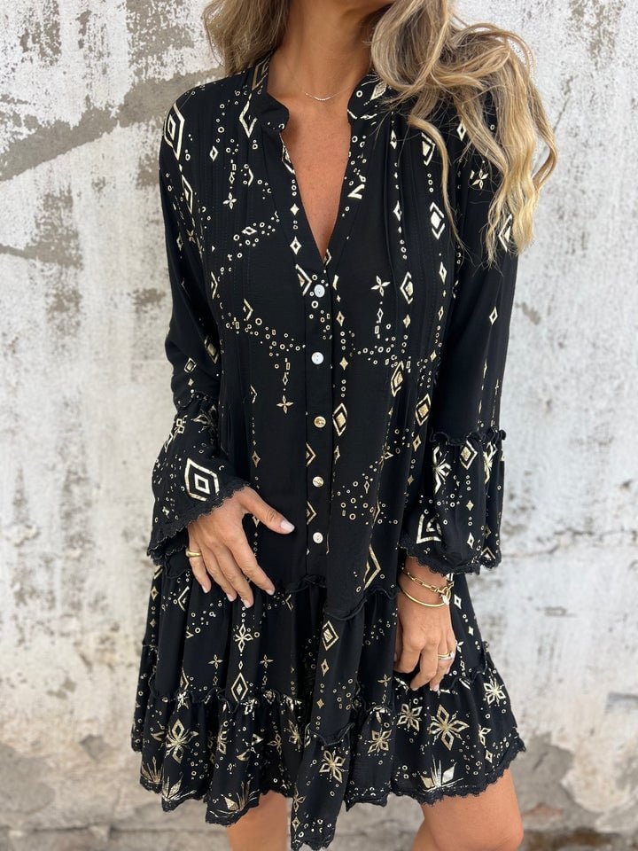 Roos | Dames Boho Gelaagde Jurk Wijde Mouwen Gouden Details