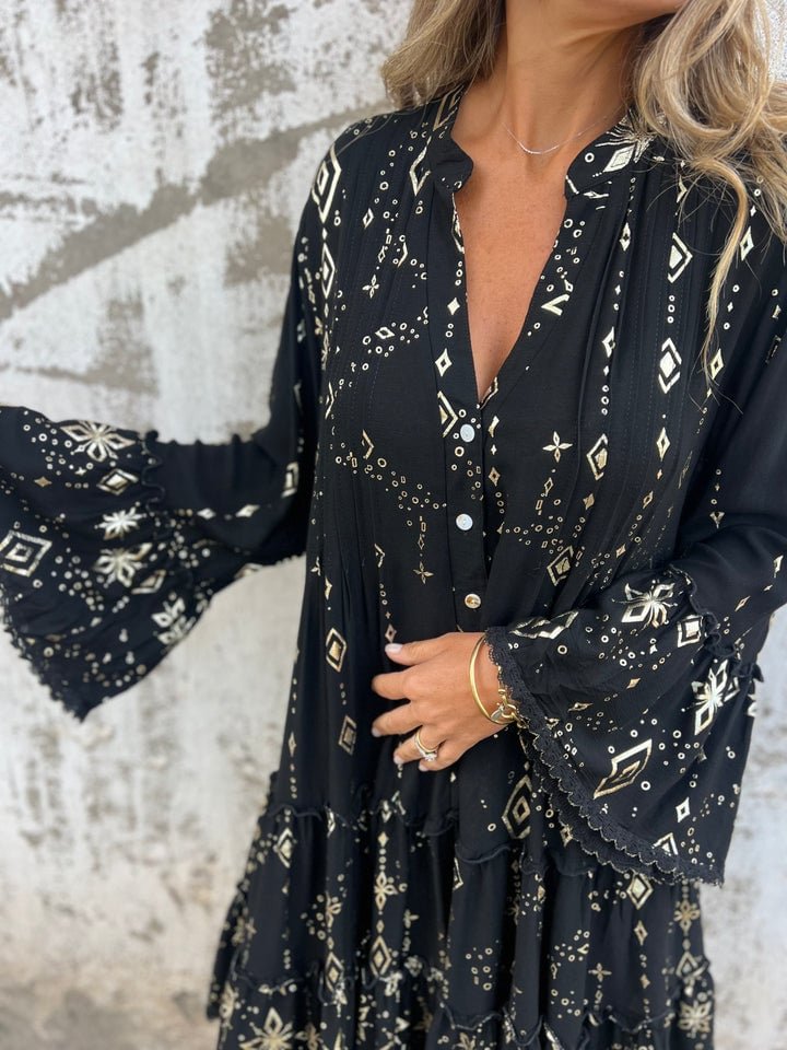 Roos | Dames Boho Gelaagde Jurk Wijde Mouwen Gouden Details