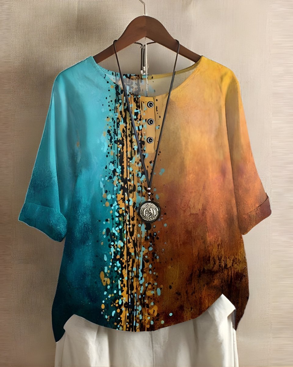 Julia | Dames Boho Halflange Mouw Kleurrijke Relaxed-Fit Top