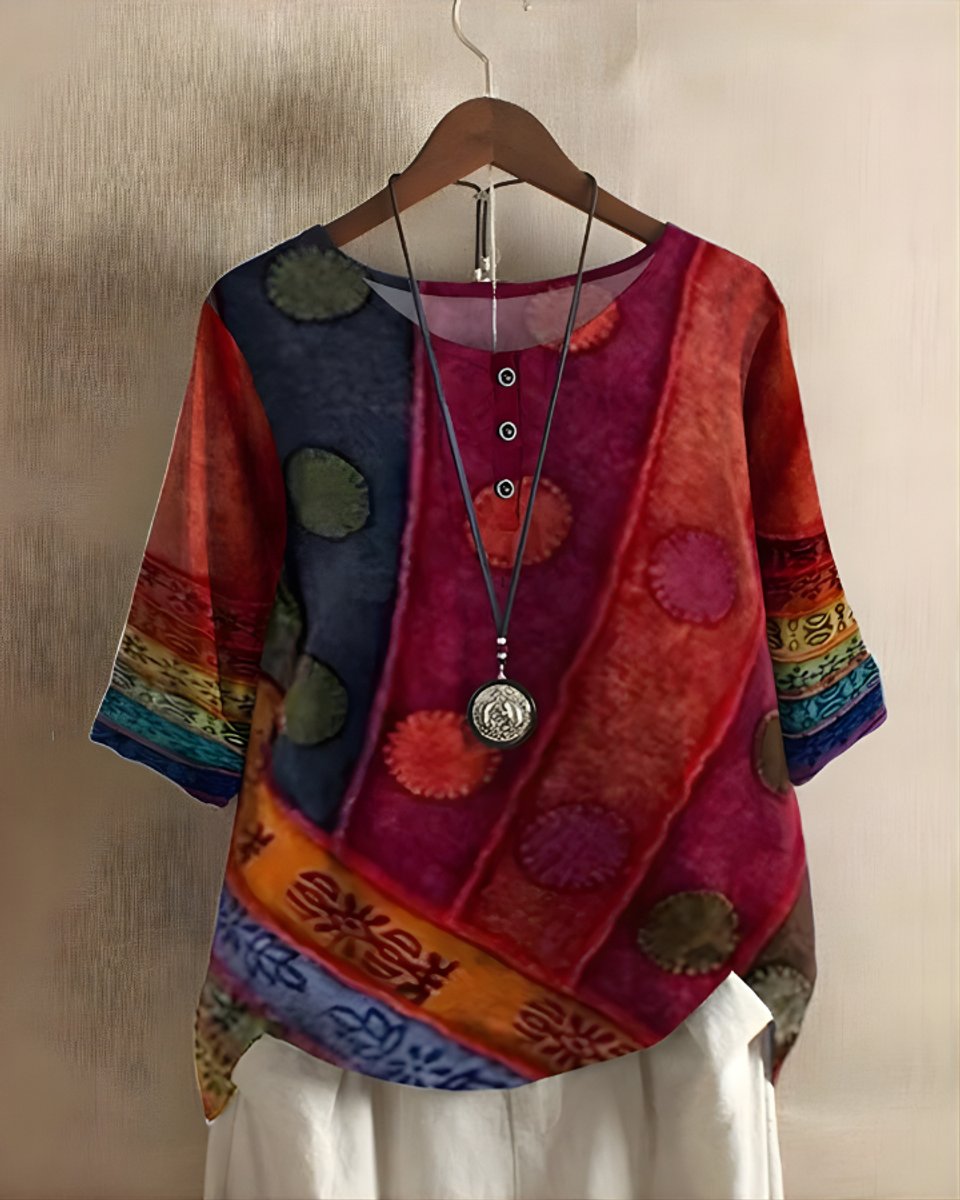 Julia | Dames Boho Halflange Mouw Kleurrijke Relaxed-Fit Top