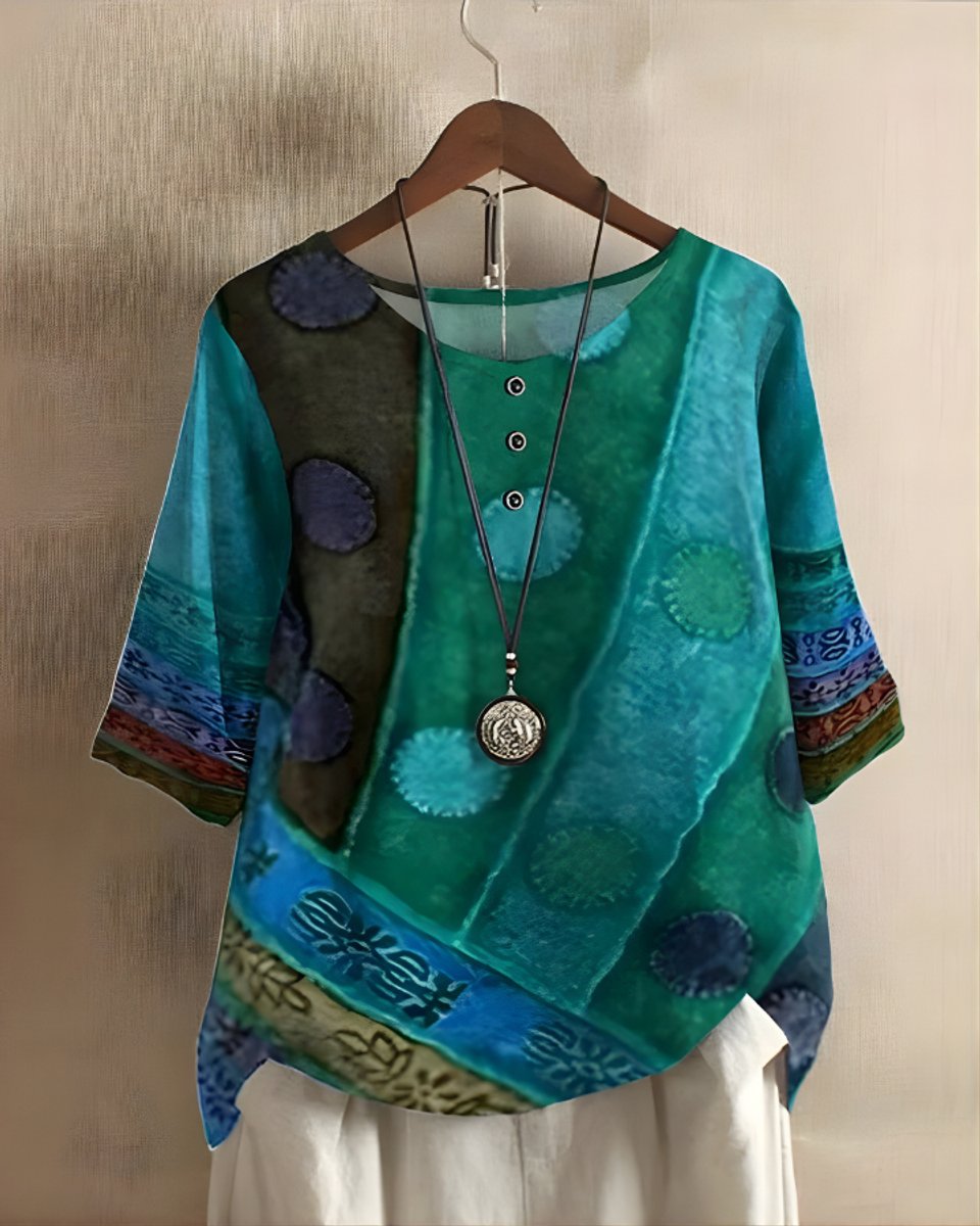Julia | Dames Boho Halflange Mouw Kleurrijke Relaxed-Fit Top