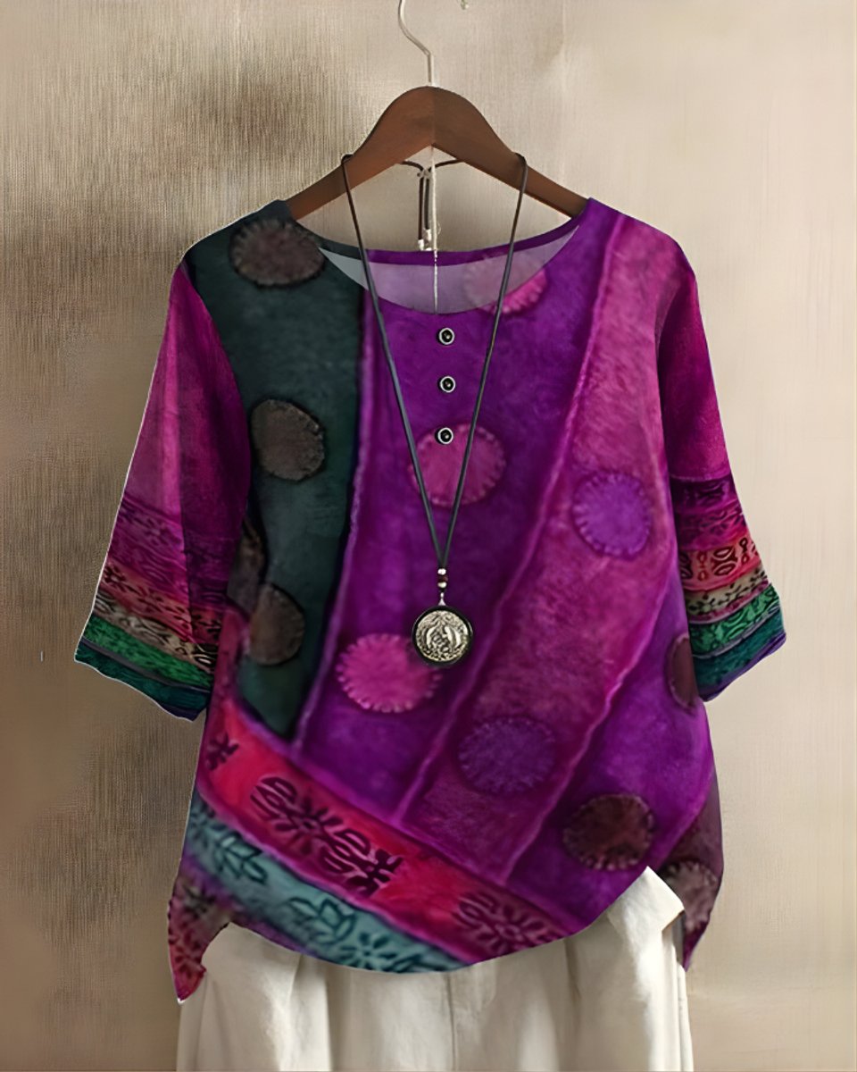 Julia | Dames Boho Halflange Mouw Kleurrijke Relaxed-Fit Top
