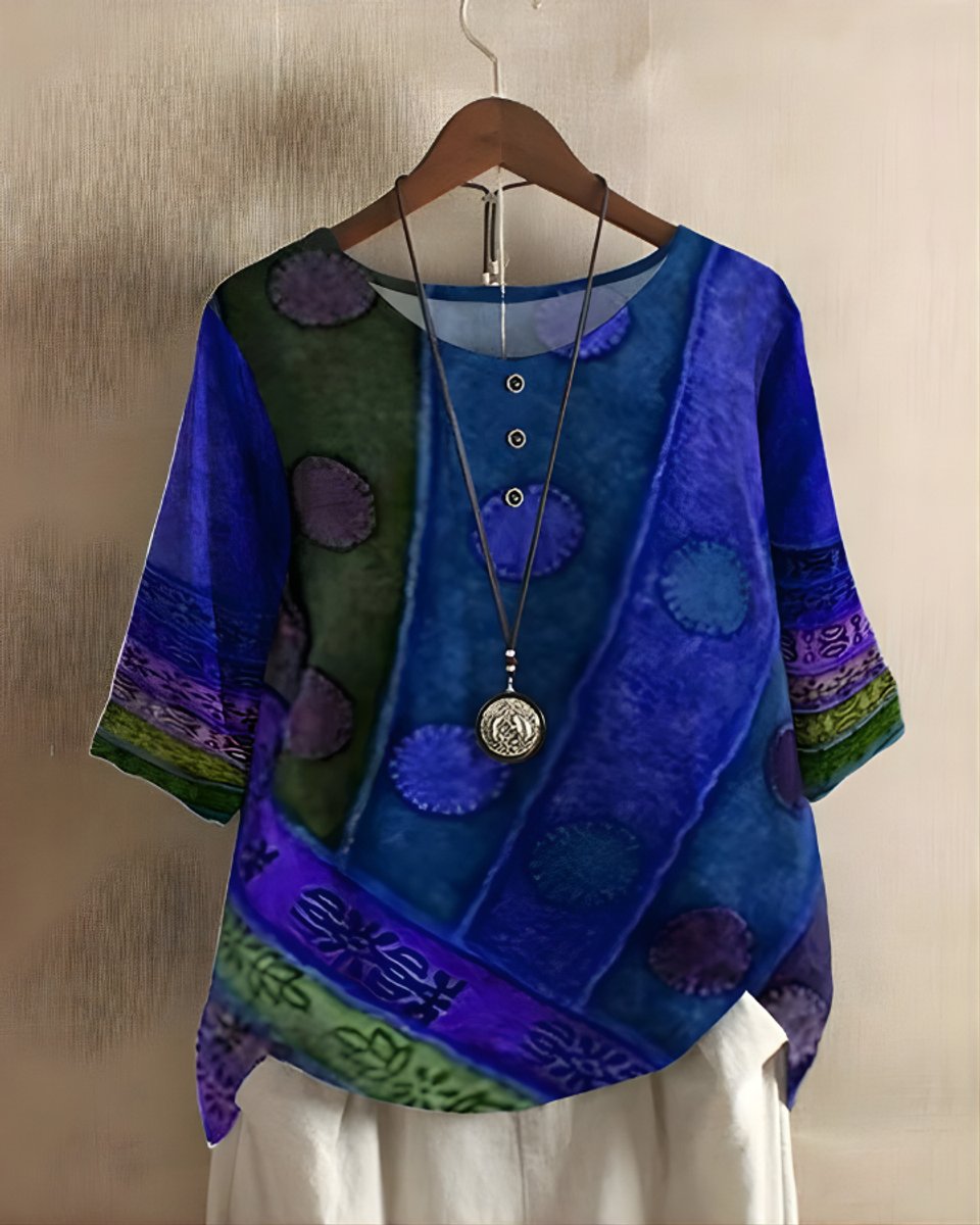 Julia | Dames Boho Halflange Mouw Kleurrijke Relaxed-Fit Top