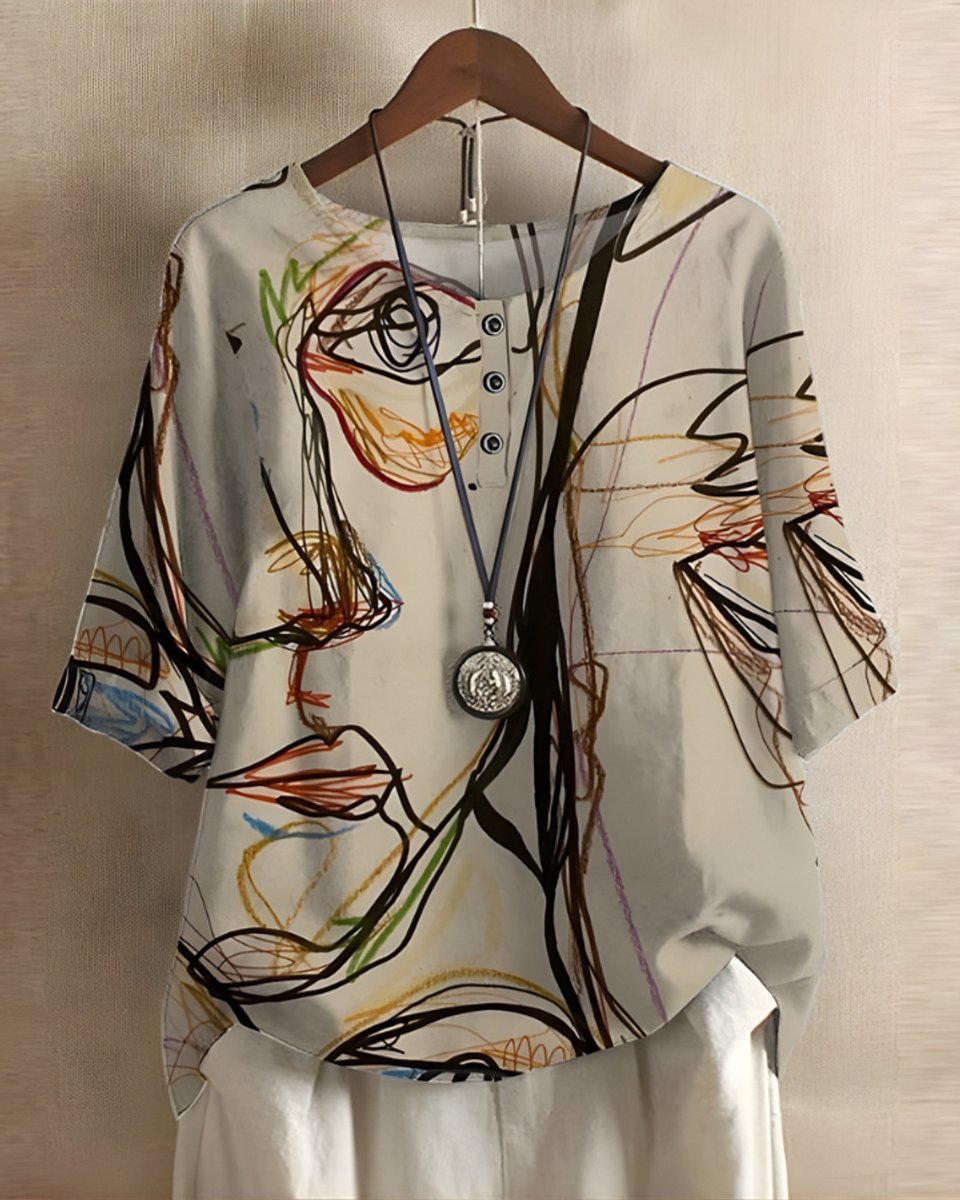 Julia | Dames Boho Halflange Mouw Kleurrijke Relaxed-Fit Top