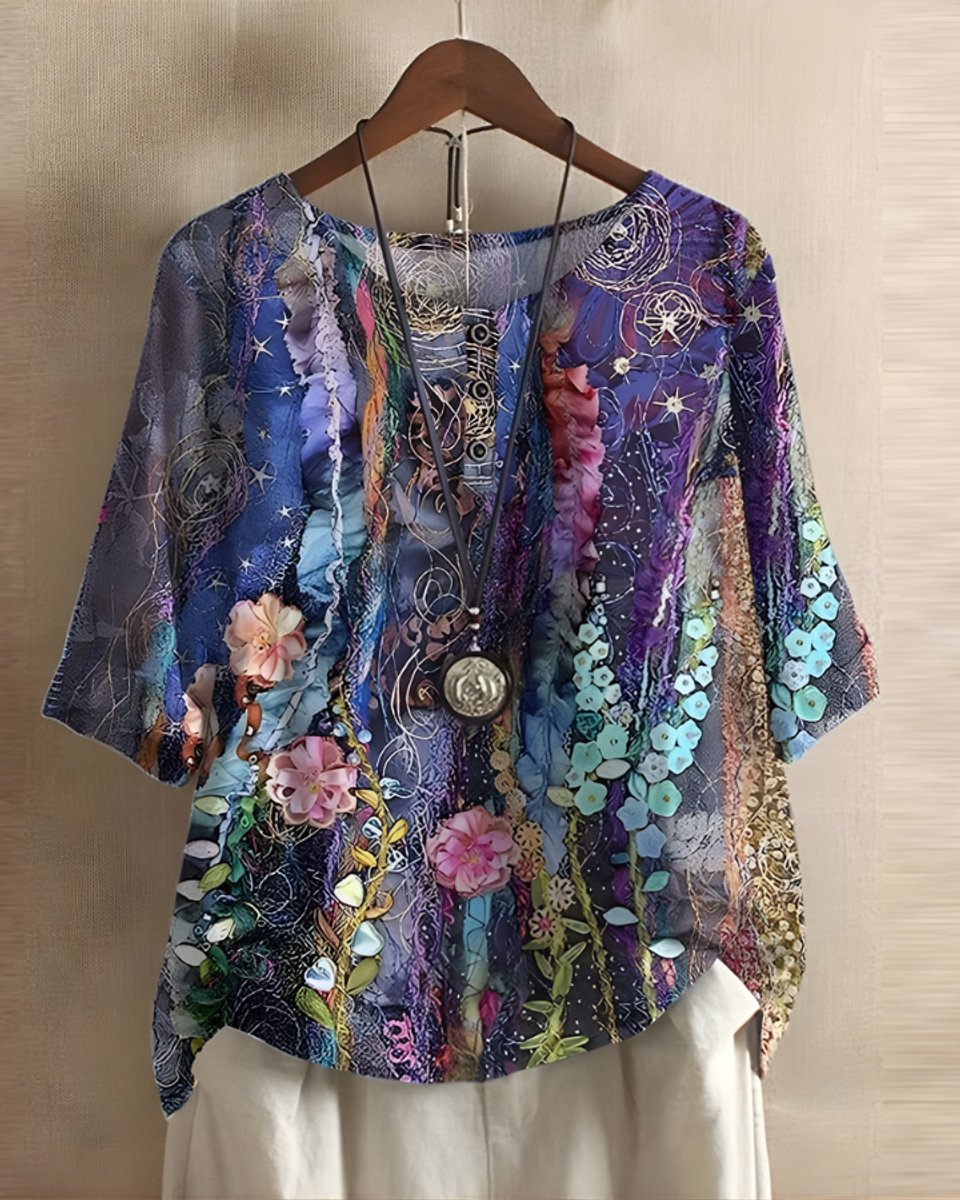 Julia | Dames Boho Halflange Mouw Kleurrijke Relaxed-Fit Top