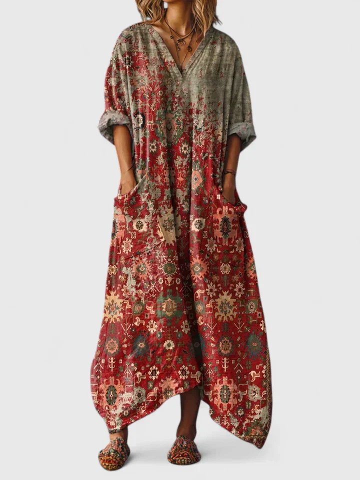 Eva | Dames Boho Paisley Oversized Katoenen Maxi Jurk met Zakken