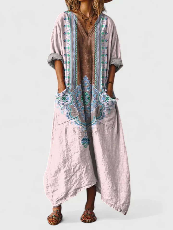 Eva | Dames Boho Paisley Oversized Katoenen Maxi Jurk met Zakken
