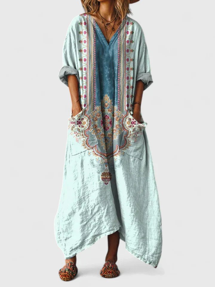 Eva | Dames Boho Paisley Oversized Katoenen Maxi Jurk met Zakken