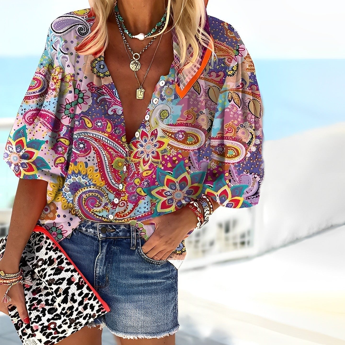 Nora | Dames Boho Paisley V-Hals Driekwart Mouw Blouse