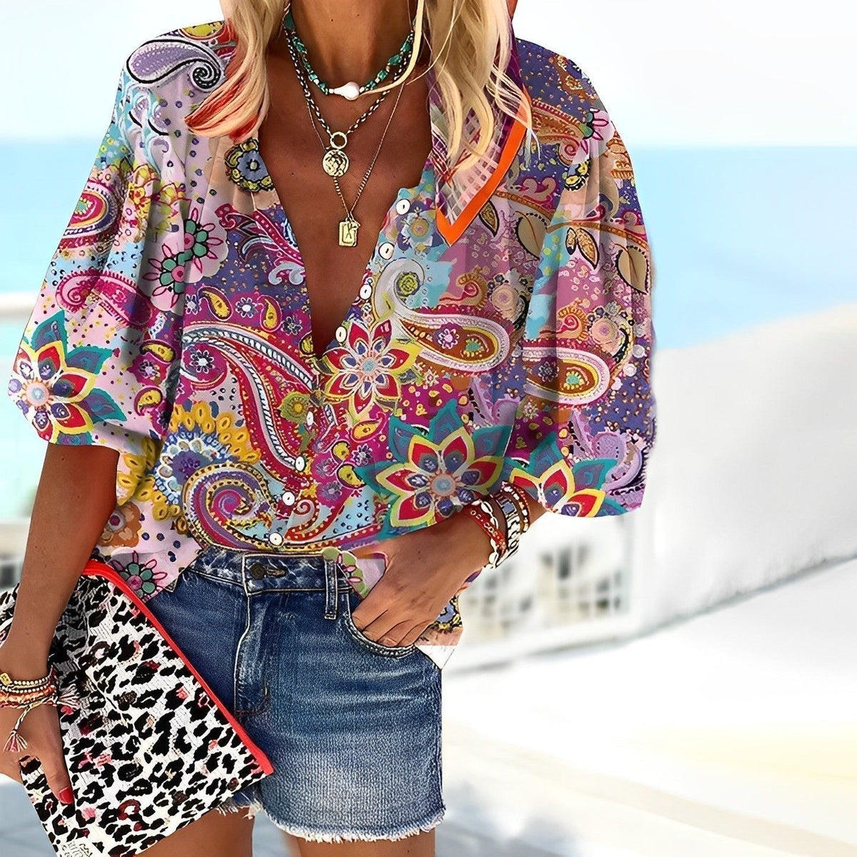 Nora | Dames Boho Paisley V-Hals Driekwart Mouw Blouse
