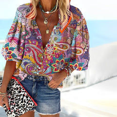 Nora | Dames Boho Paisley V-Hals Driekwart Mouw Blouse