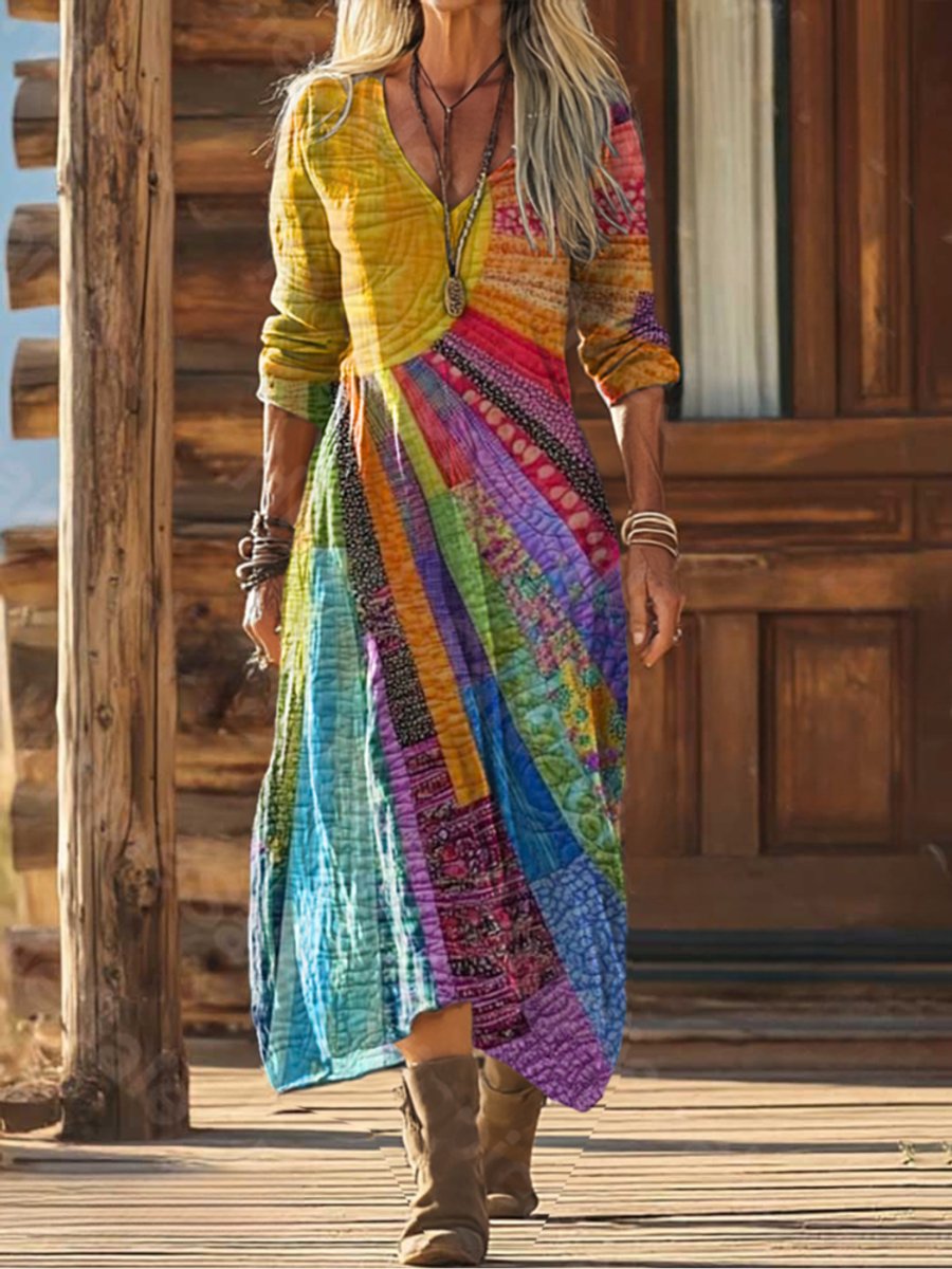 Eva | Dames Boho Patchwork Meerkleurige Midi Dress met V-hals Lange Mouwen
