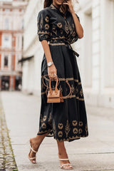 Elin | Dames Boho Print Midi Jurk met Ceintuur