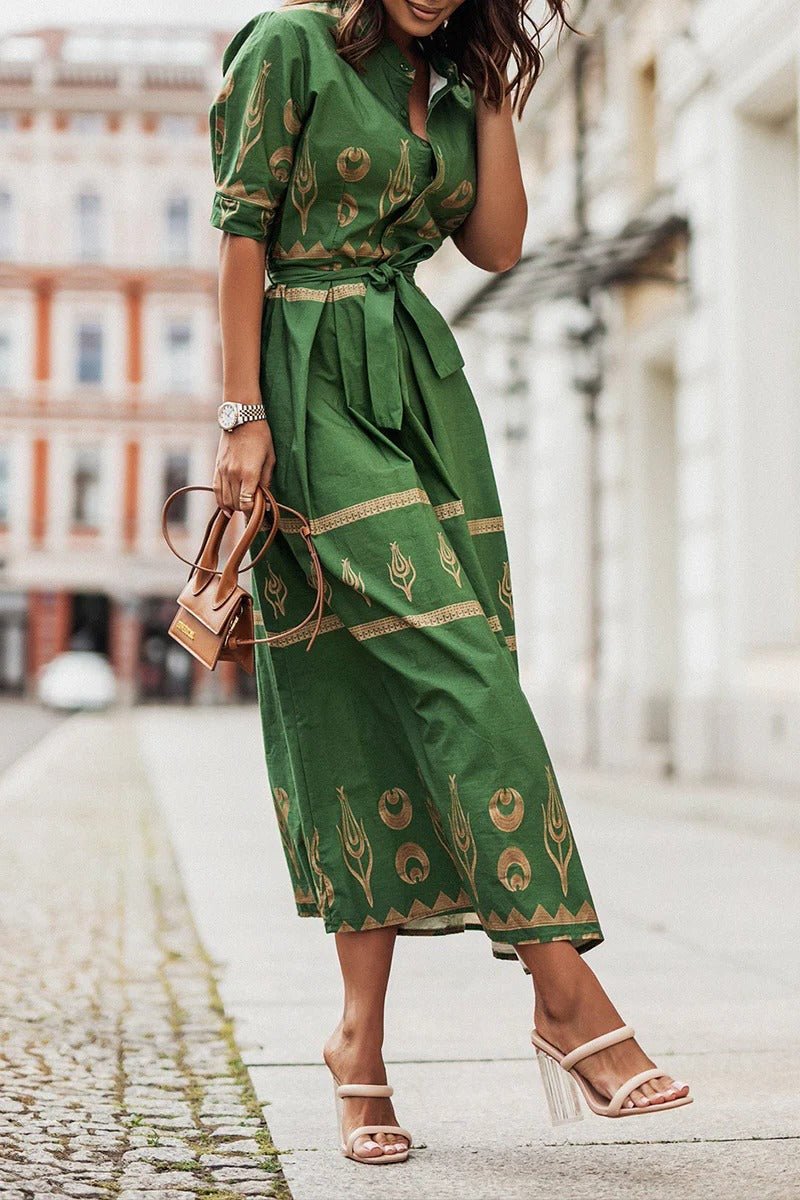 Elin | Dames Boho Print Midi Jurk met Ceintuur