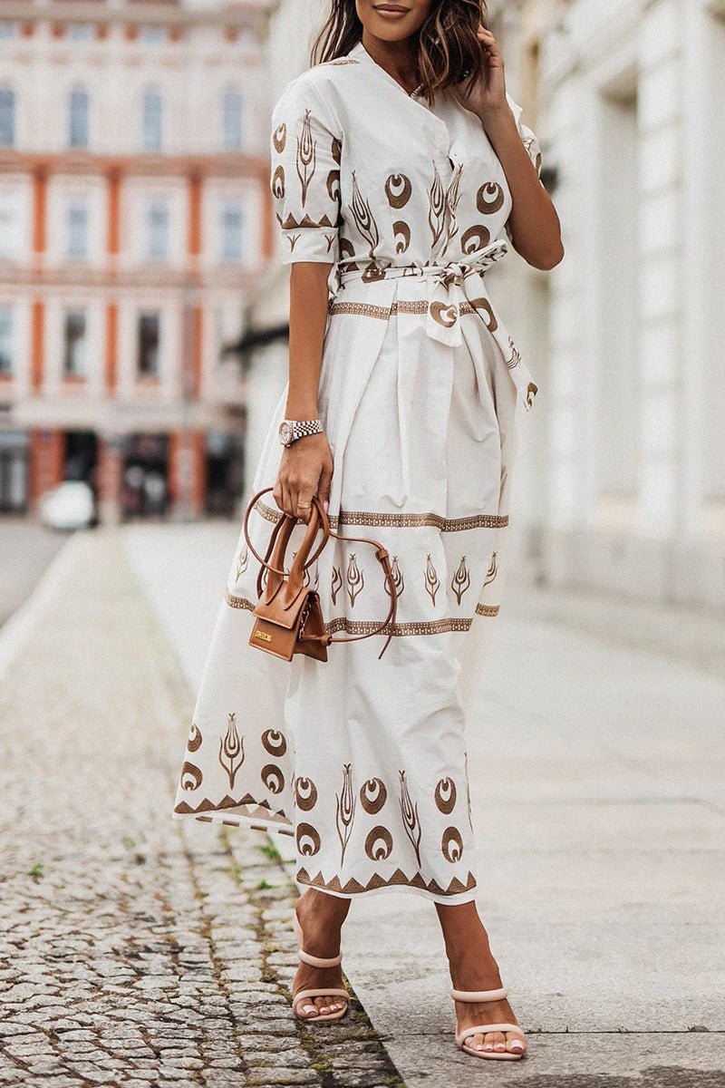 Elin | Dames Boho Print Midi Jurk met Ceintuur