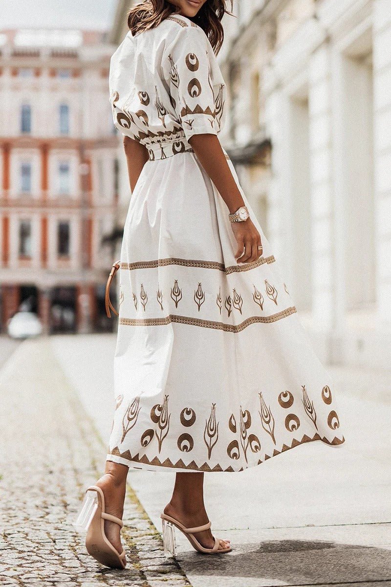 Elin | Dames Boho Print Midi Jurk met Ceintuur