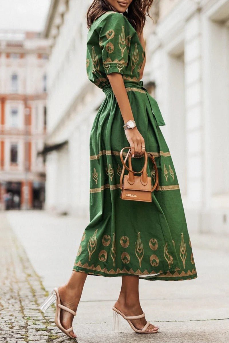 Elin | Dames Boho Print Midi Jurk met Ceintuur