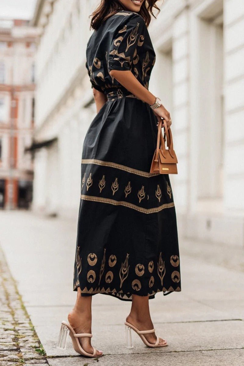 Elin | Dames Boho Print Midi Jurk met Ceintuur