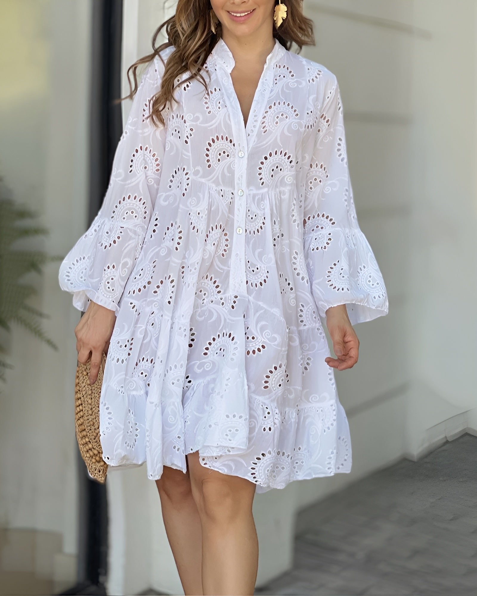 Tessa | Dames Broderie Anglaise Witte A-lijn Blousejurk Lange Mouwen
