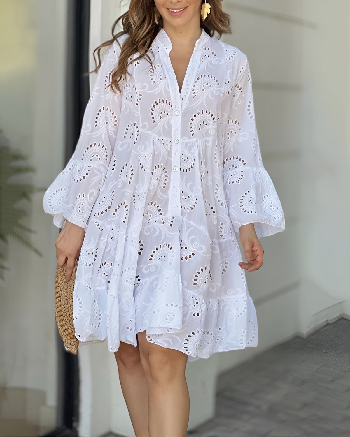 Tessa | Dames Broderie Anglaise Witte A-lijn Blousejurk Lange Mouwen