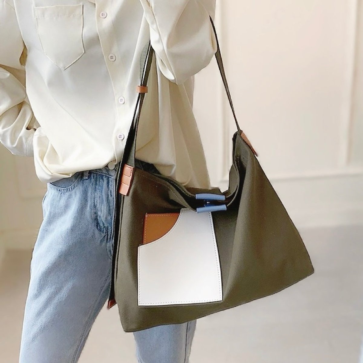 Femke | Dames Canvas Tote Bag Colorblock Schoudertas PU-Leer
