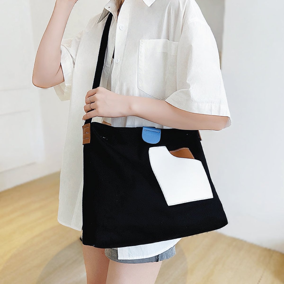 Femke | Dames Canvas Tote Bag Colorblock Schoudertas PU-Leer