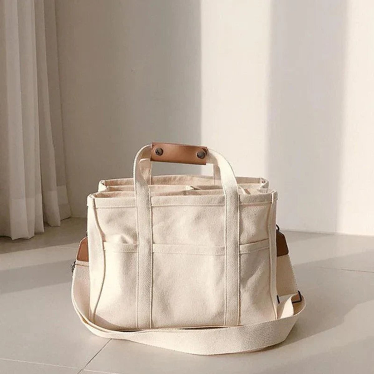 Roos | Dames Canvas Tote Bag Grote Crossbody Schoudertas Meerdere Vakken