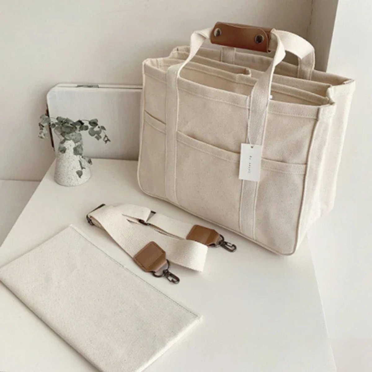 Roos | Dames Canvas Tote Bag Grote Crossbody Schoudertas Meerdere Vakken