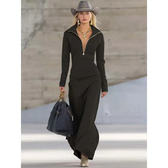 Nora | Dames Casual Maxi Long Sleeve Dress Rits Opstaande Kraag
