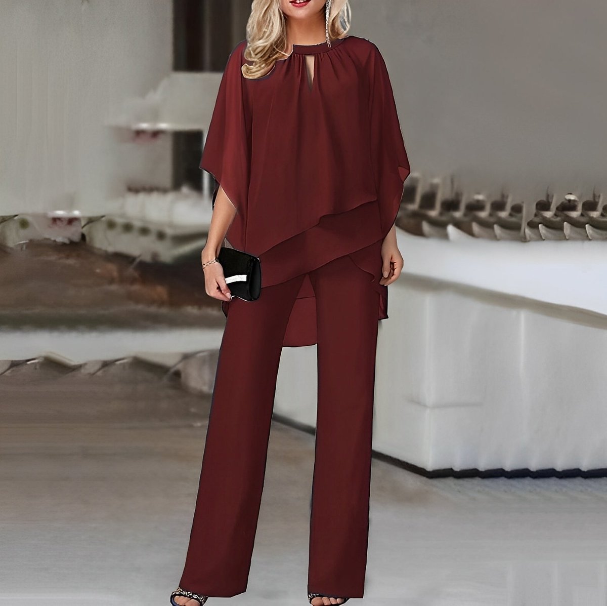 Julia | Dames Chiffon Gelaagde Wide Leg Pants Tweedelig Set