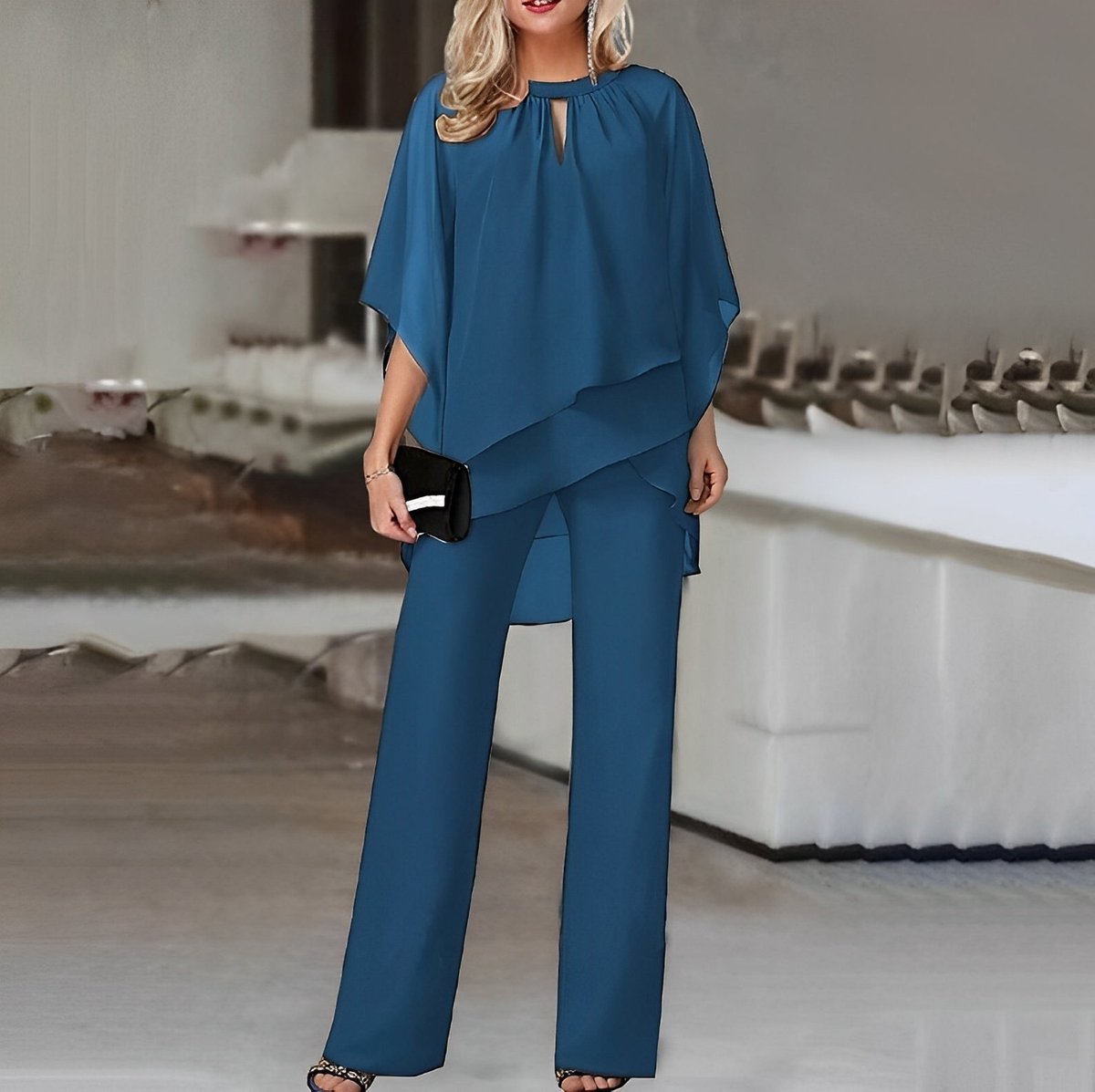 Julia | Dames Chiffon Gelaagde Wide Leg Pants Tweedelig Set