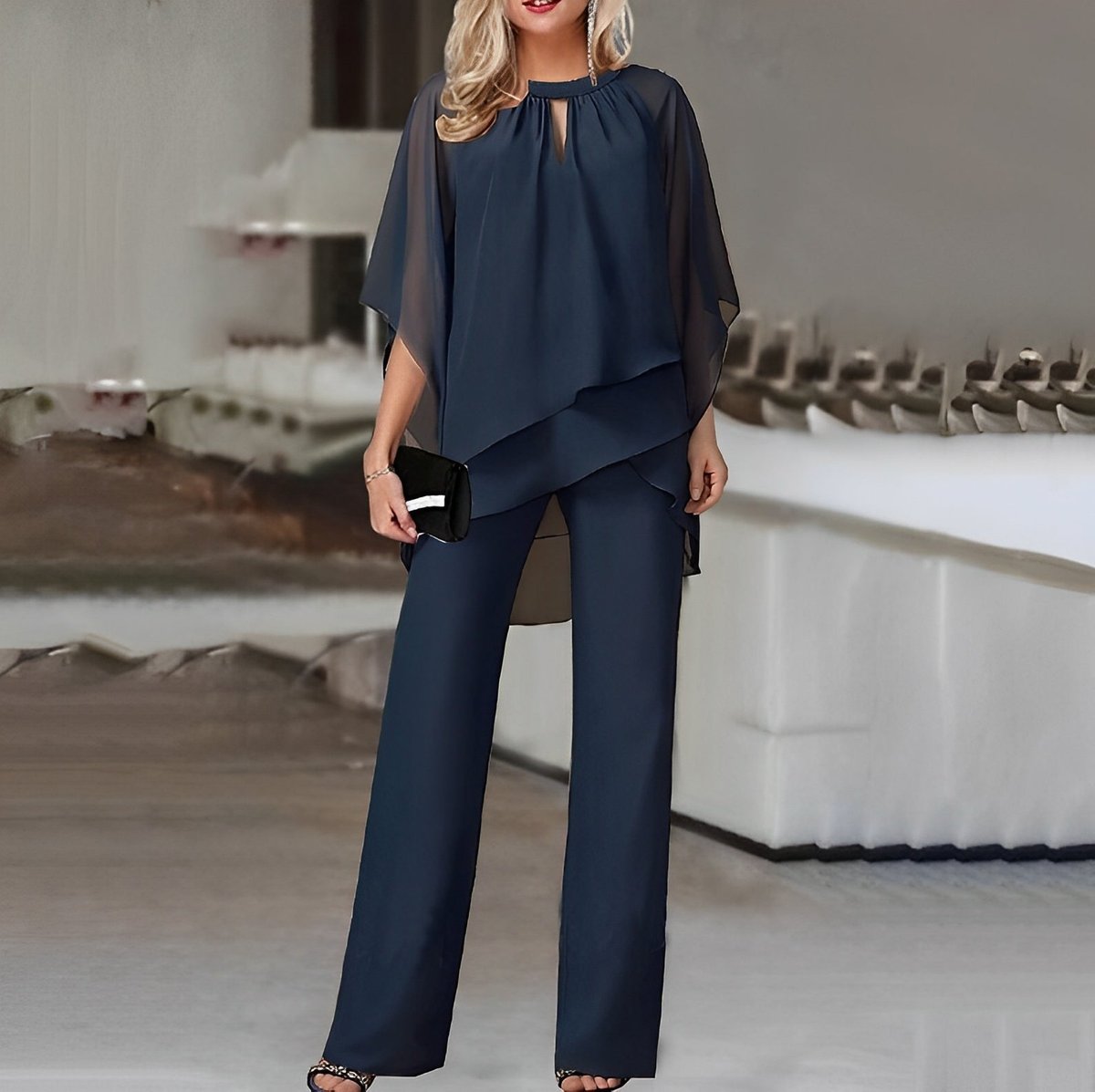 Julia | Dames Chiffon Gelaagde Wide Leg Pants Tweedelig Set