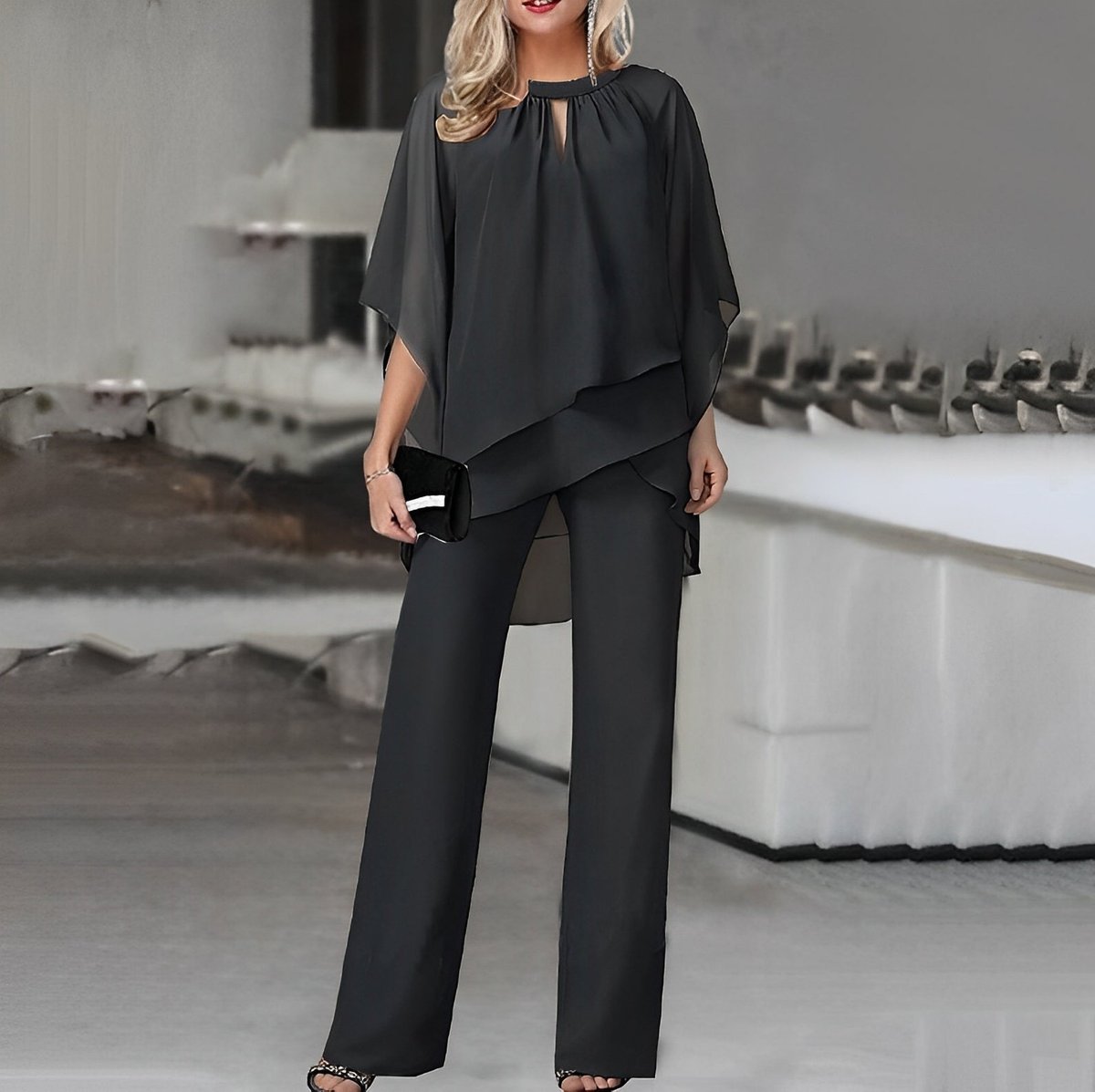 Julia | Dames Chiffon Gelaagde Wide Leg Pants Tweedelig Set