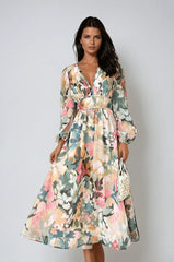 Julia | Dames Chiffon Midi Jurk met Bloemenprint V-hals Pofmouwen