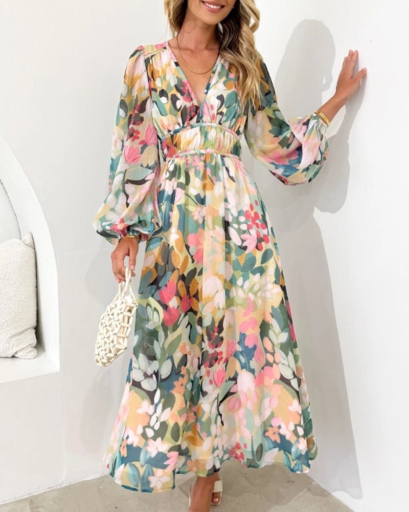 Julia | Dames Chiffon Midi Jurk met Bloemenprint V-hals Pofmouwen