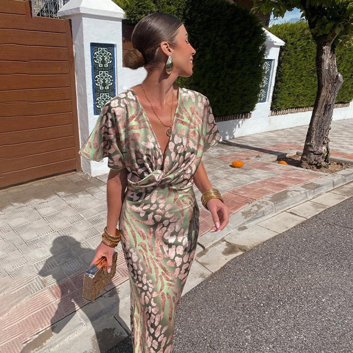 Tessa | Dames Cocktail Party Dress V-hals Satijnen Midi Jurk
