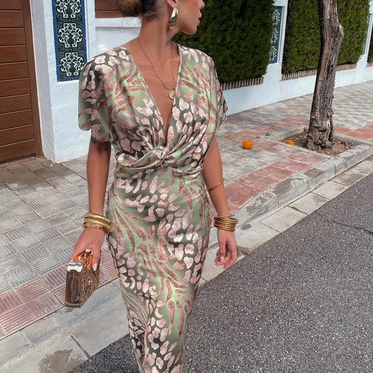 Tessa | Dames Cocktail Party Dress V-hals Satijnen Midi Jurk