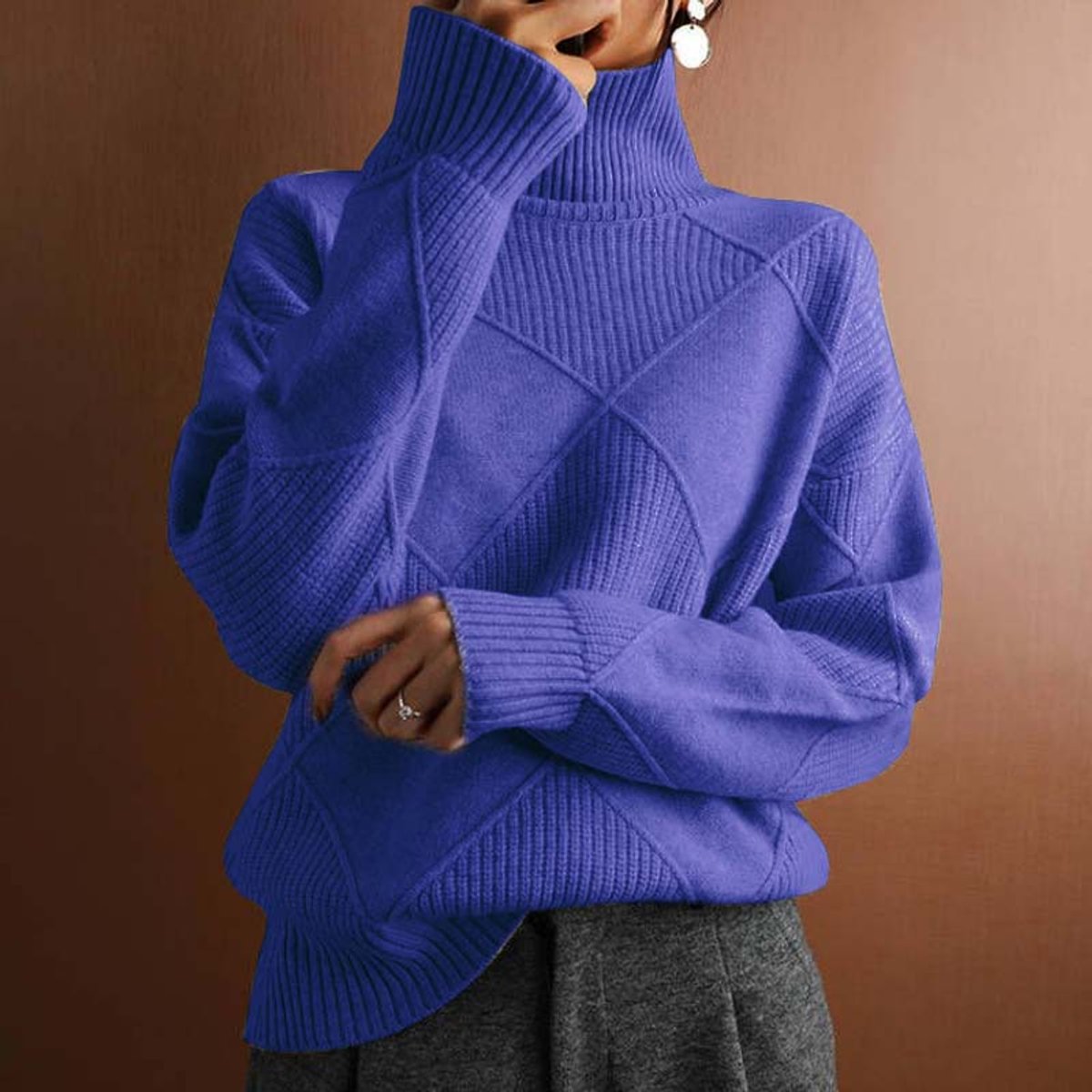 Lotte | Dames Coltrui Pullover Geruit Gebreid Turtleneck Sweater