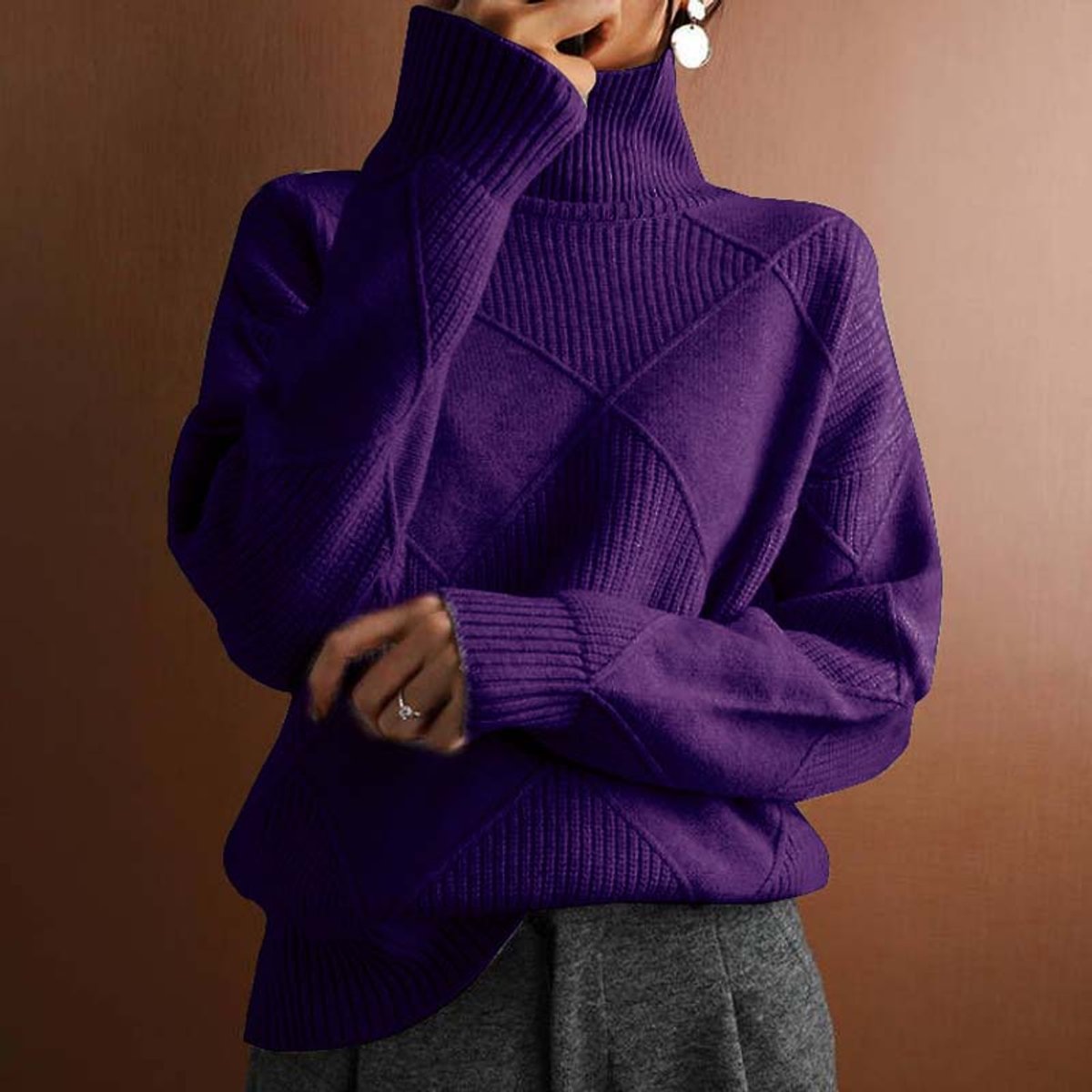 Lotte | Dames Coltrui Pullover Geruit Gebreid Turtleneck Sweater