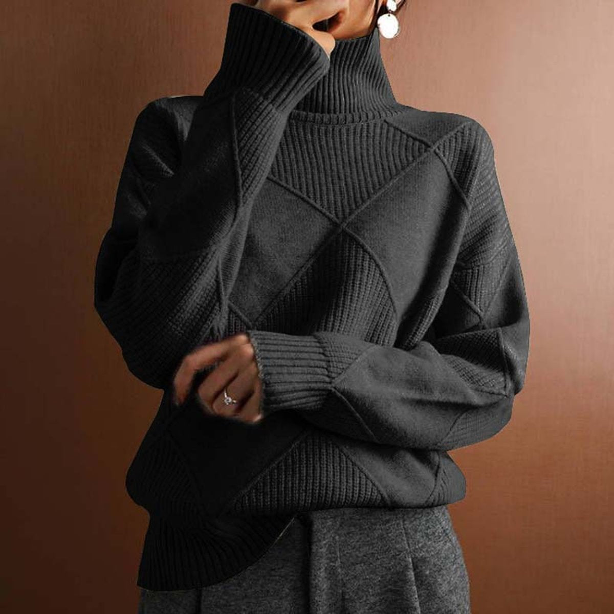 Lotte | Dames Coltrui Pullover Geruit Gebreid Turtleneck Sweater