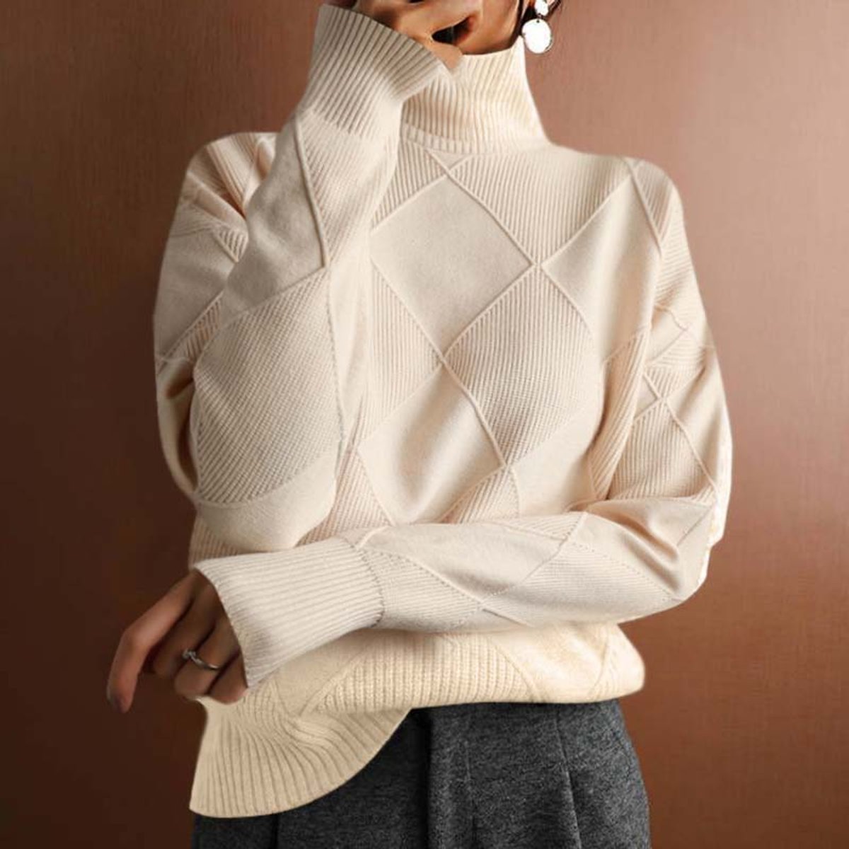 Lotte | Dames Coltrui Pullover Geruit Gebreid Turtleneck Sweater