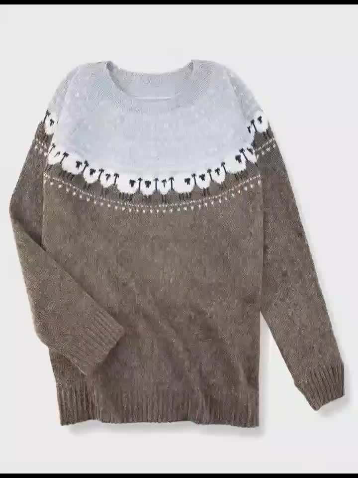 Elin | Dames Dikgebreide Schapenpatroon Jacquard Pullover Trui