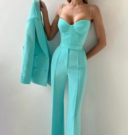 Tessa | Dames Driedelige Blazer Set Corset Top Wijde Broek