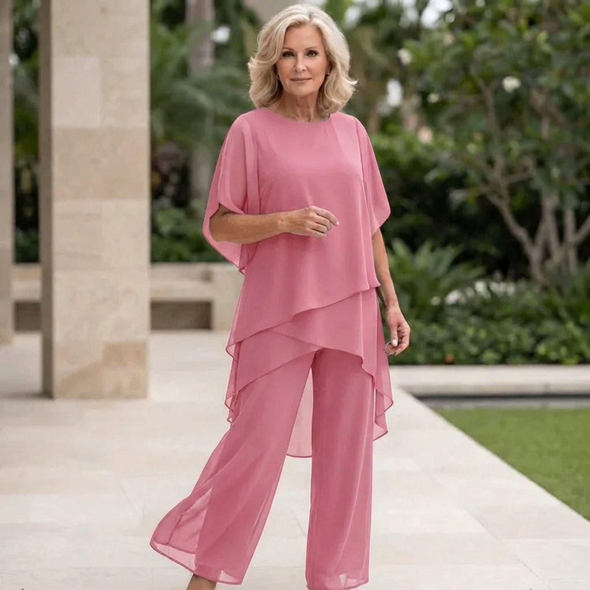 Roos | Dames Elegante Chiffon Gelaagde Broekpak Set
