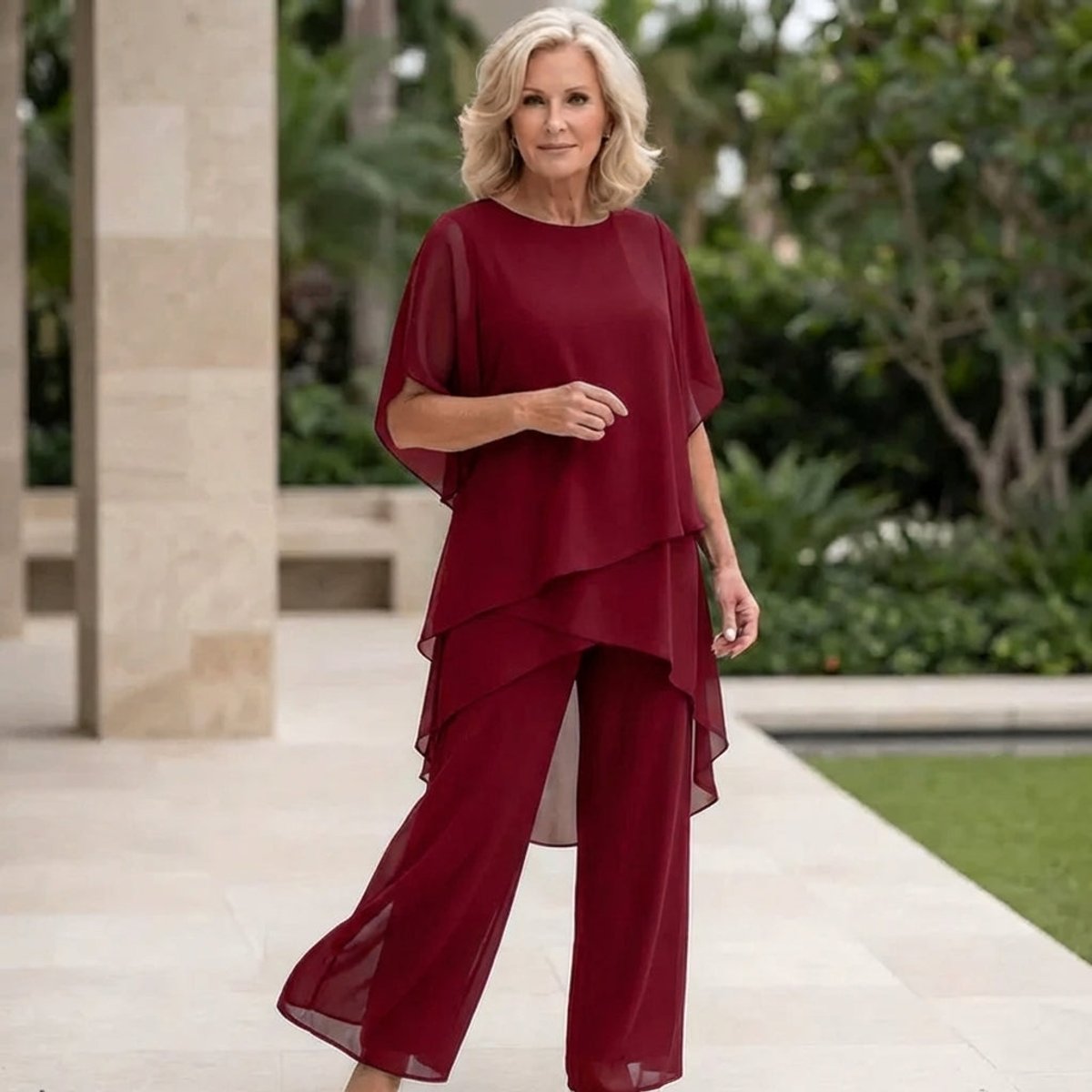 Roos | Dames Elegante Chiffon Gelaagde Broekpak Set