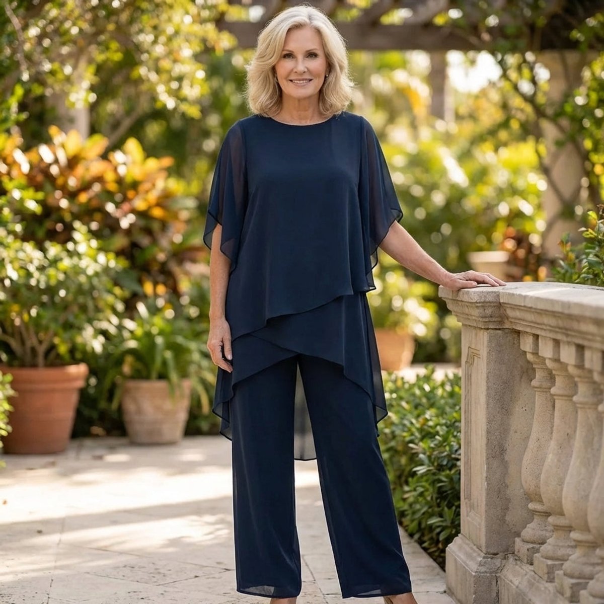 Roos | Dames Elegante Chiffon Gelaagde Broekpak Set