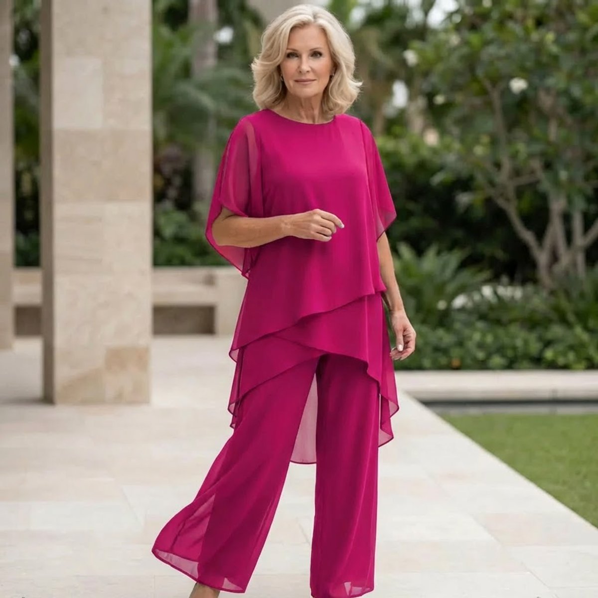 Roos | Dames Elegante Chiffon Gelaagde Broekpak Set